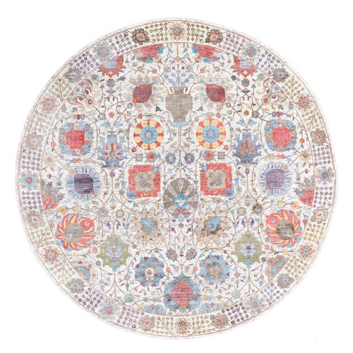 Colorful Silk With Textured Wool Tabriz Vase And Flower Design Hand Knotted Oriental Round Rug