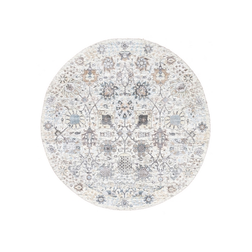 Round Ivory Silk With Textured Wool Tabriz Vase With Pomegranate Design Hand Knotted Oriental Rug
