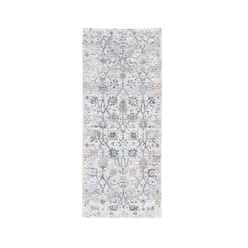 Ivory Silk With Textured Wool Tabriz Vase And Pomegranate Design Hand Knotted Oriental Runner 