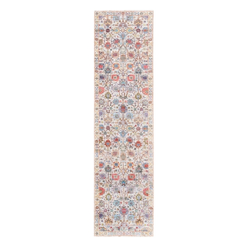 Hand Knotted Colorful Silk With Textured Wool Tabriz Vase With Flower Design Oriental Runner Rug Hand Knotted Colorful Silk With Textured Wool Tabriz Vase With Flower Design Oriental Runner Rug