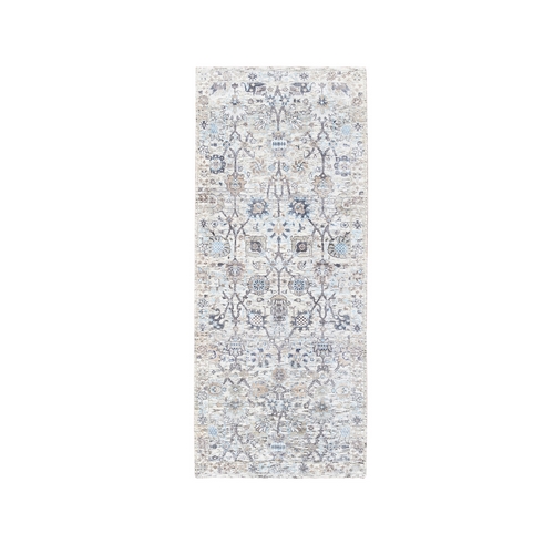 Ivory Tabriz Vase And Pomegranate Design Silk With Textured Wool Hand Knotted Oriental Runner Rug Ivory Tabriz Vase And Pomegranate Design Silk With Textured Wool Hand Knotted Oriental Runner Rug