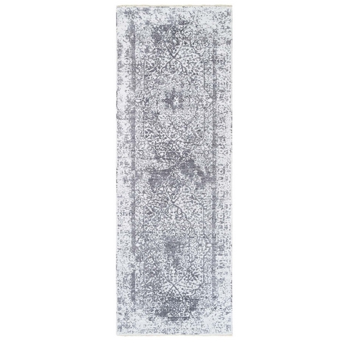 Grey Wool And Pure Silk Broken Persian Design Hand Knotted Oriental Wide Gallery Size Runner 