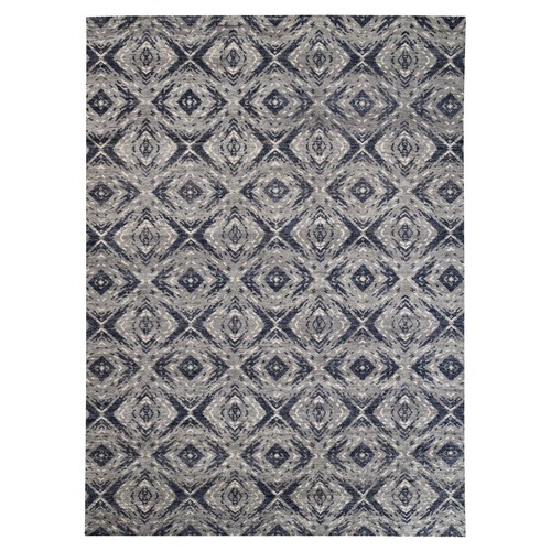 Charcoal Black Supple Collection Modern All Over Square Design Erased Pure Wool Hand Knotted Oriental Rug 