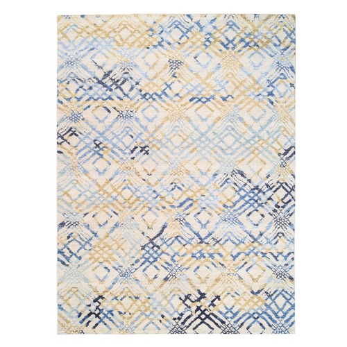 Yellow and Ivory Supple Collection Modern Oceanic Square Design Pure Wool Hand Knotted Oriental 