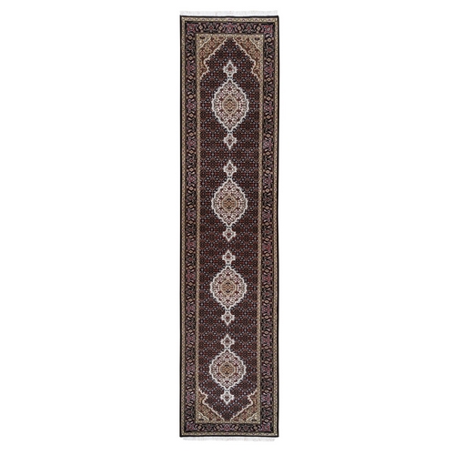 Tabriz Mahi Fish Medallion Design Wool And Silk Hand Knotted Black Oriental Runner Rug