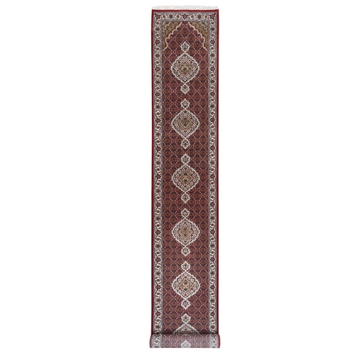 Hand Knotted Red Wool And Silk Fish Medallion Design Tabriz Mahi Oriental XL Runner Rug