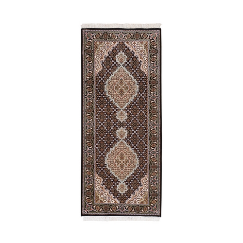 Wool Fish Medallion Design Tabriz Mahi Black Hand Knotted Oriental Runner Rug
