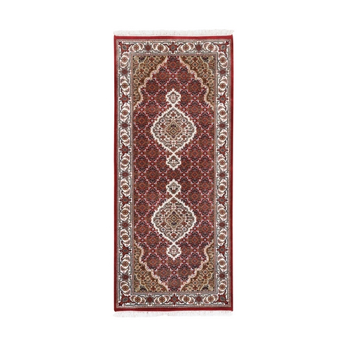 Hand Knotted Fish Medallion Design Tabriz Mahi Red Wool And Silk Oriental Runner Rug