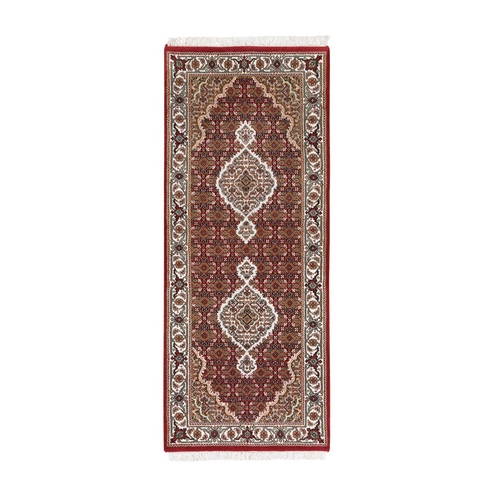 Hand Knotted Red Tabriz Mahi Fish Medallion Design Wool Oriental Runner Rug