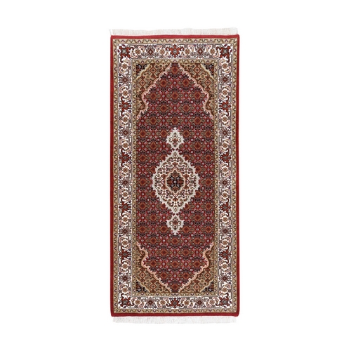Wool And Silk Fish Medallion Design Tabriz Mahi Red Hand Knotted Oriental Runner Rug