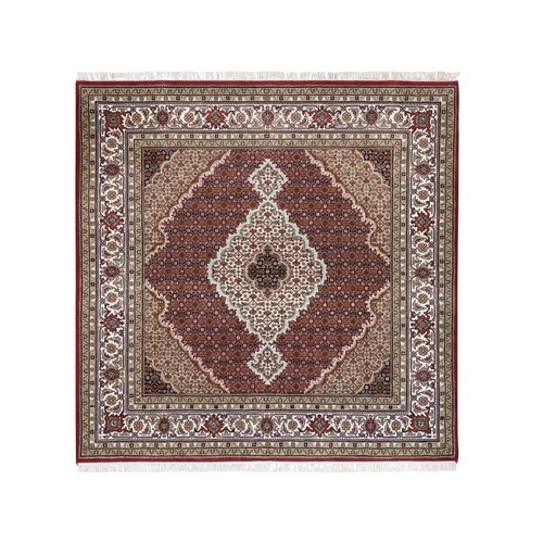 Fish Medallion Design Tabriz Mahi Wool And Silk Hand Knotted Red Oriental Square Rug