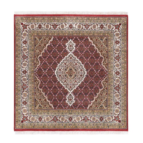 Hand Knotted Red Tabriz Mahi Fish Medallion Design Wool And Silk Oriental Square Rug