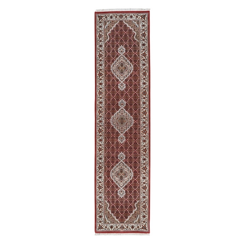 Hand Knotted Red Tabriz Mahi Fish Medallion Design Wool And Silk Oriental Runner Rug