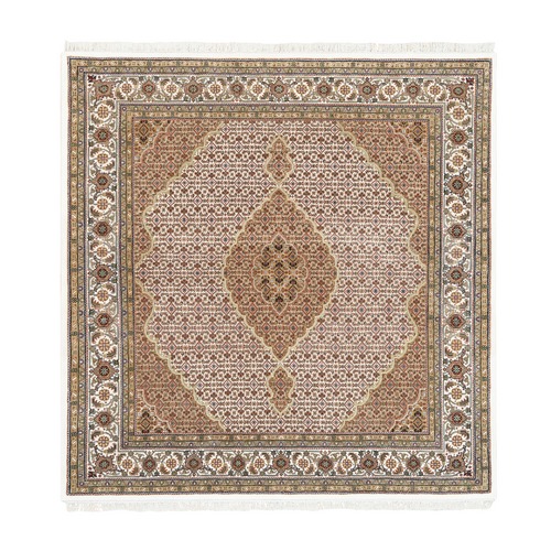 Ivory Wool And Silk Fish Medallion Design Tabriz Mahi Hand Knotted Square Oriental 