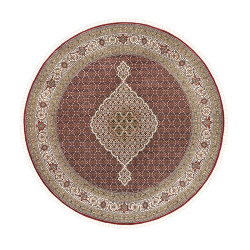 Round Hand Knotted Red Fish Medallion Design Tabriz Mahi Wool And Silk Oriental Rug