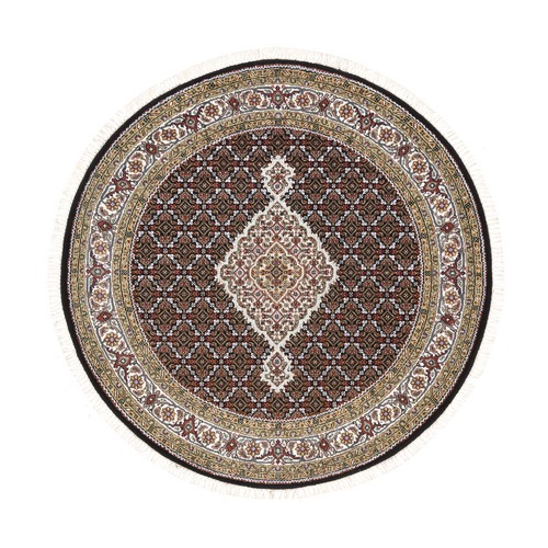 Round Black Tabriz Mahi Fish Medallion Design Wool Hand Knotted Oriental Rug