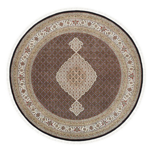 Round Black Tabriz Mahi Fish Medallion  Design Wool Hand Knotted Oriental Rug