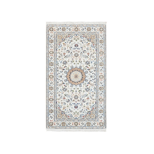Wool and Silk 250 KPSI Nain Hand Knotted Ivory Fine Oriental Rug