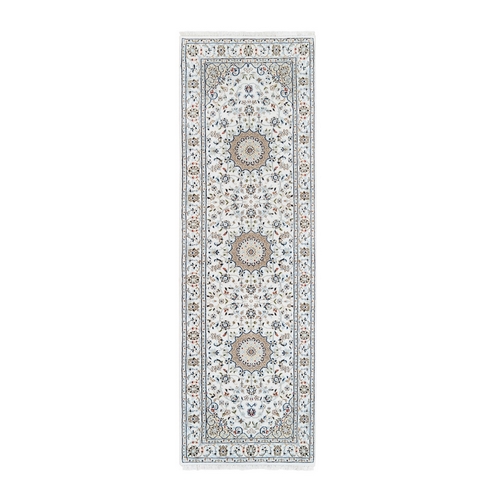 Hand Knotted Wool and Silk Runner 250 KPSI Nain Ivory Fine Oriental Rug