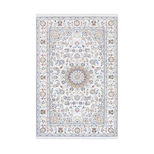 Hand Knotted Wool and Silk Medallion and Floral Design 250 KPSI Nain Ivory Fine Oriental Rug