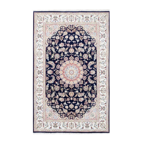 Navy Blue Nain with a Dahlia Medallion Design Hand Knotted 250 KPSI Wool and Silk Fine Oriental Rug