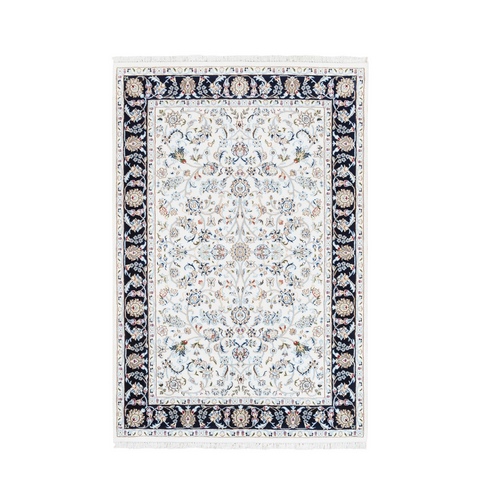 Wool and Silk 250 KPSI Nain Ivory with a Navy Blue Border All Over Design Hand Knotted Oriental Rug