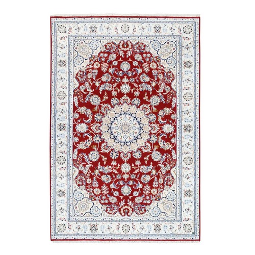 Cherry Red Nain with Center Medallion Flower Design Wool Hand Knotted 250 KPSI Fine Oriental 