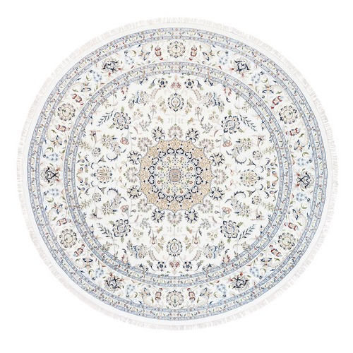 Round Ivory Hand Knotted 250 KPSI Nain with a Dahlia Medallion Design Wool and Silk Fine Oriental Rug
