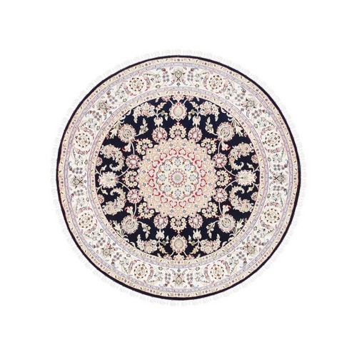 Midnight Blue Nain with Center Medallion Flower Design 250 KPSI Pure Wool Hand Knotted Round Oriental Rug