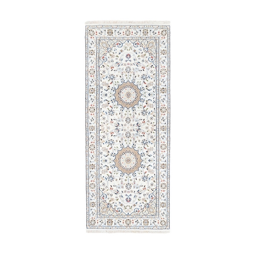 Ivory Wool and Silk Double Medallion Design 250 KPSI Nain Hand Knotted Runner Oriental Rug