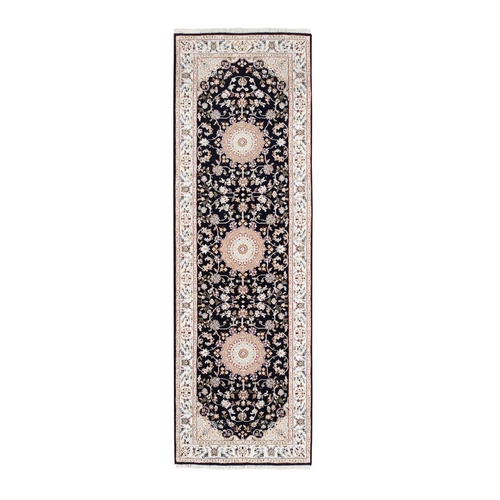 Navy Blue Nain Wool and Silk 250 KPSI Triple Medallion Design Hand Knotted Runner Fine Oriental Rug Navy Blue Nain Wool and Silk 250 KPSI Triple Medallion Design Hand Knotted Runner Fine Oriental Rug