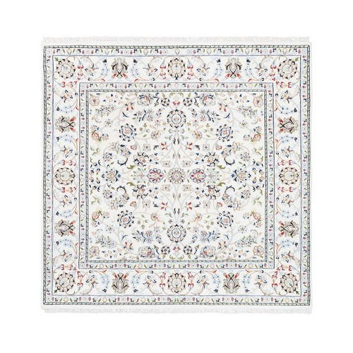 All Over Floral Design Ivory Square Wool and Silk 250 KPSI Nain Hand Knotted Fine Oriental 