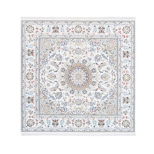 Medallion Design Square Wool and Silk 250 KPSI Nain Ivory Hand Knotted Fine Oriental 