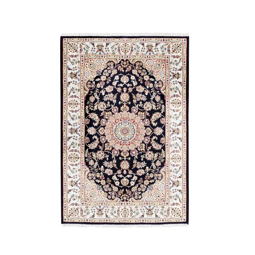 Nain Wool and Silk Center Medallion Design 250 KPSI Navy Blue Hand Knotted Oriental Rug 