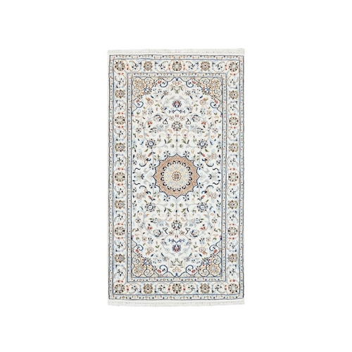 Wool and Silk 250 KPSI Mat Nain Ivory Hand Knotted Medallion and Flower Design Fine Oriental Rug