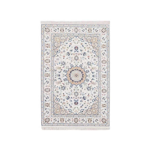 Wool and Silk 250 KPSI Mat Nain Ivory Hand Knotted Medallion and Flower Design Fine Oriental Rug