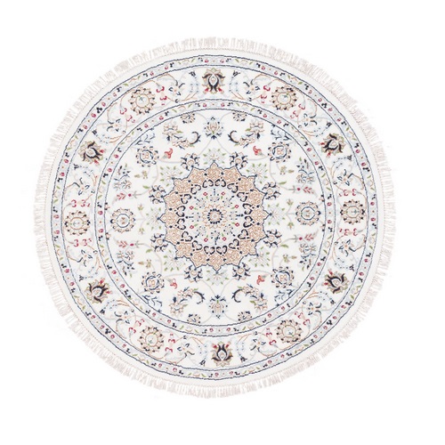 Round Wool and Silk 250 KPSI Nain Ivory Hand Knotted Medallion and Flower Design Fine Oriental Rug