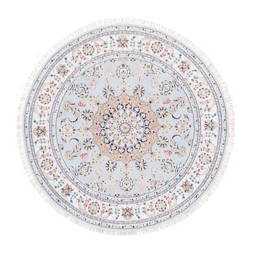 Round Wool 250 KPSI Nain Light Blue with an Ivory Border Hand Knotted Center Medallion Flower Design Fine Oriental 