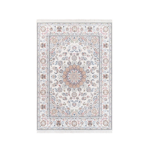 Wool and Silk 250 KPSI Nain Light Blue Hand Knotted Medallion and Flower Design Fine Oriental Rug