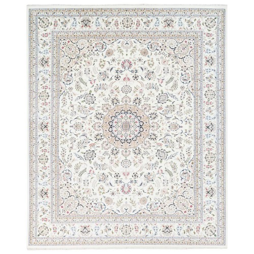 Oversized Ivory Nain with a Dahlia Medallion Design Wool and Silk 250 KPSI Hand Knotted Fine Oriental Rug