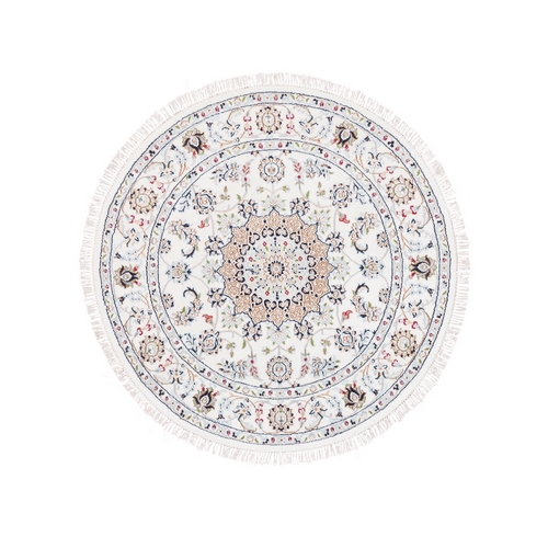 Wool and Silk 250 KPSI Nain Ivory Hand Knotted Medallion and Flower Design Round Fine Oriental Rug