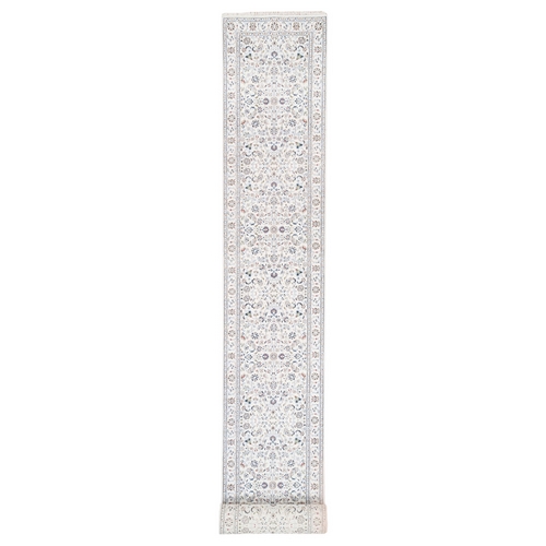 All Over Floral Design Ivory Wool and Silk 250 KPSI Nain Hand Knotted XL Runner Fine Oriental 