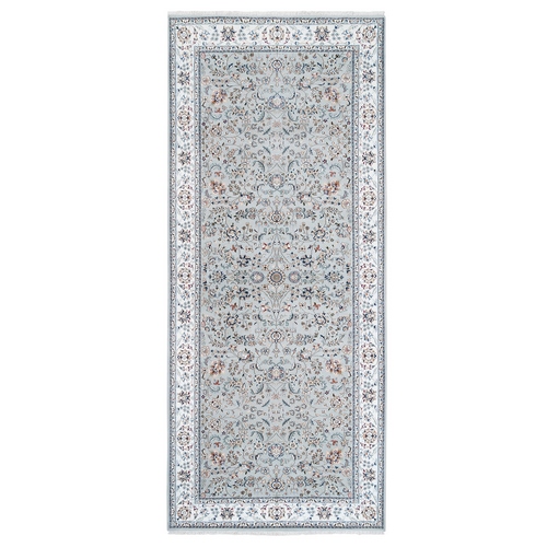 Gray Dense Weave 250 KPSI Wool and Silk Nain All Over Flower Design Hand Knotted Oriental Runner Rug