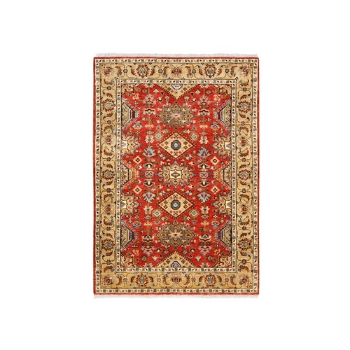Red With A Mix Of Gold Karajeh Design Organic Wool Hand Knotted Oriental 