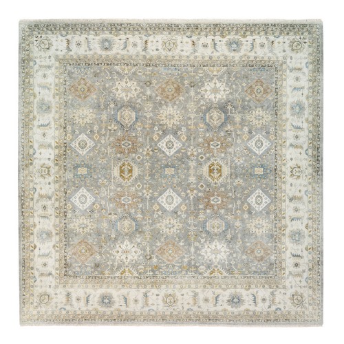 Hand Knotted Silver Karajeh Design Soft Organic Wool Oriental Square Rug