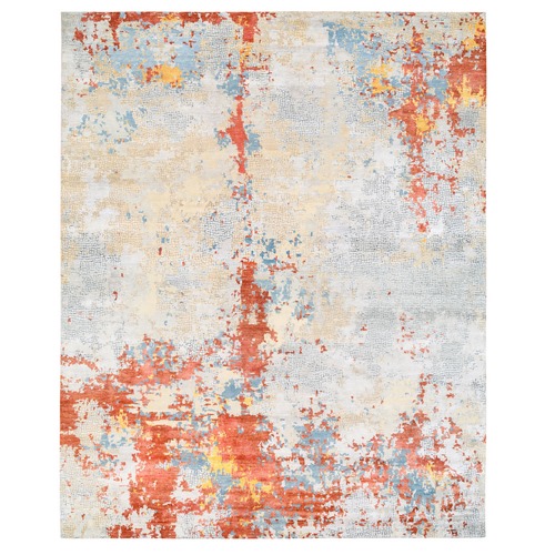 Oversize Wool And Silk Abstract With Fire Mosaic Design Hand Knotted Oriental Rug