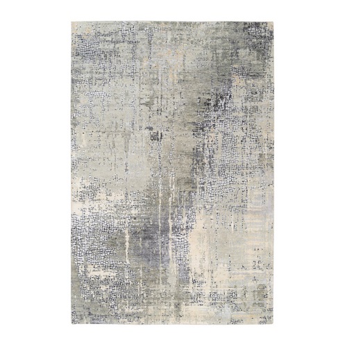 Wool and Silk Taupe Abstract with Mosaic Design Hand Knotted Oriental Rug