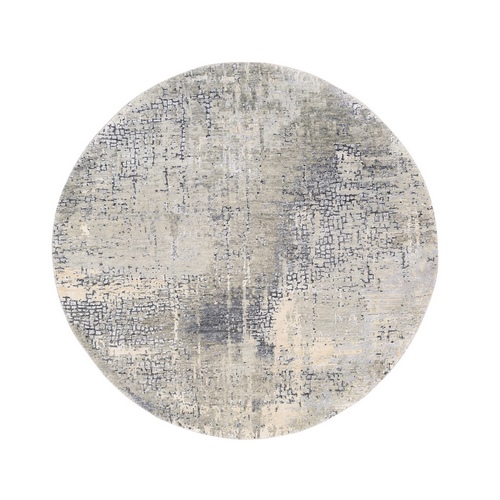 Round Taupe Wool and Silk Abstract with Mosaic Design Hand Knotted Oriental Rug