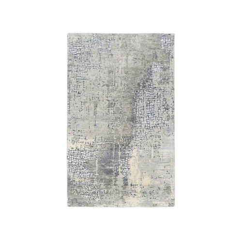 Abstract with Mosaic Design Taupe Wool and Silk Hand Knotted Oriental Rug