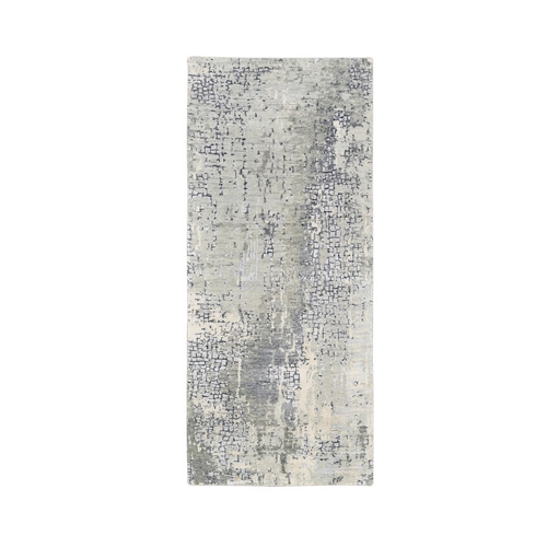 Taupe Wool and Silk Abstract with Mosaic Design Hand Knotted Oriental Runner Rug